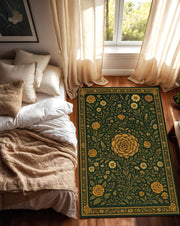 Vintage Botanical Floral Rug, Olive Green and Yellow Rose Carpet, Gobelin Style Area Rug for Boho Living Room, Elegant Tapestry Inspired Mat