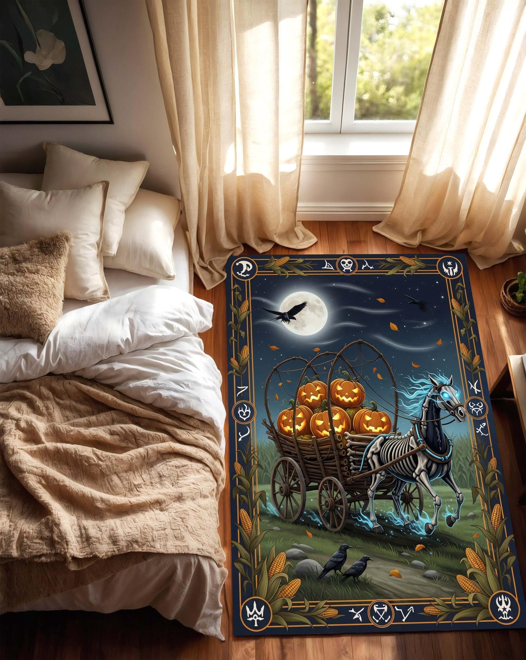 Halloween Skeleton Horse Rug, Spooky Pumpkin Wagon Carpet, Gothic Fall Decor Rug for Living Room or Halloween Entryway, Spooky Season Rug