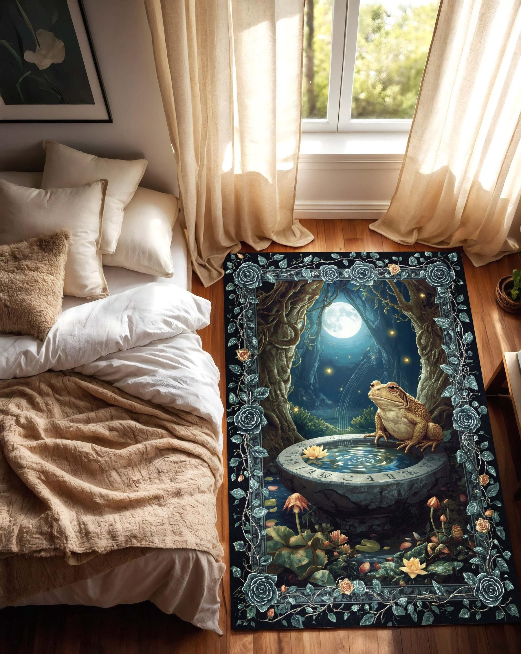 Whimsical Toad Rug, Enchanted Forest Carpet with Magic Pool & Full Moon,  Botanical Frog Decor