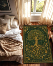 Tree of Life Rug, Olive Green and Gold Spiritual Carpet, Mystical Boho Botanical Area Rug for Meditation Room or Living Room Decor