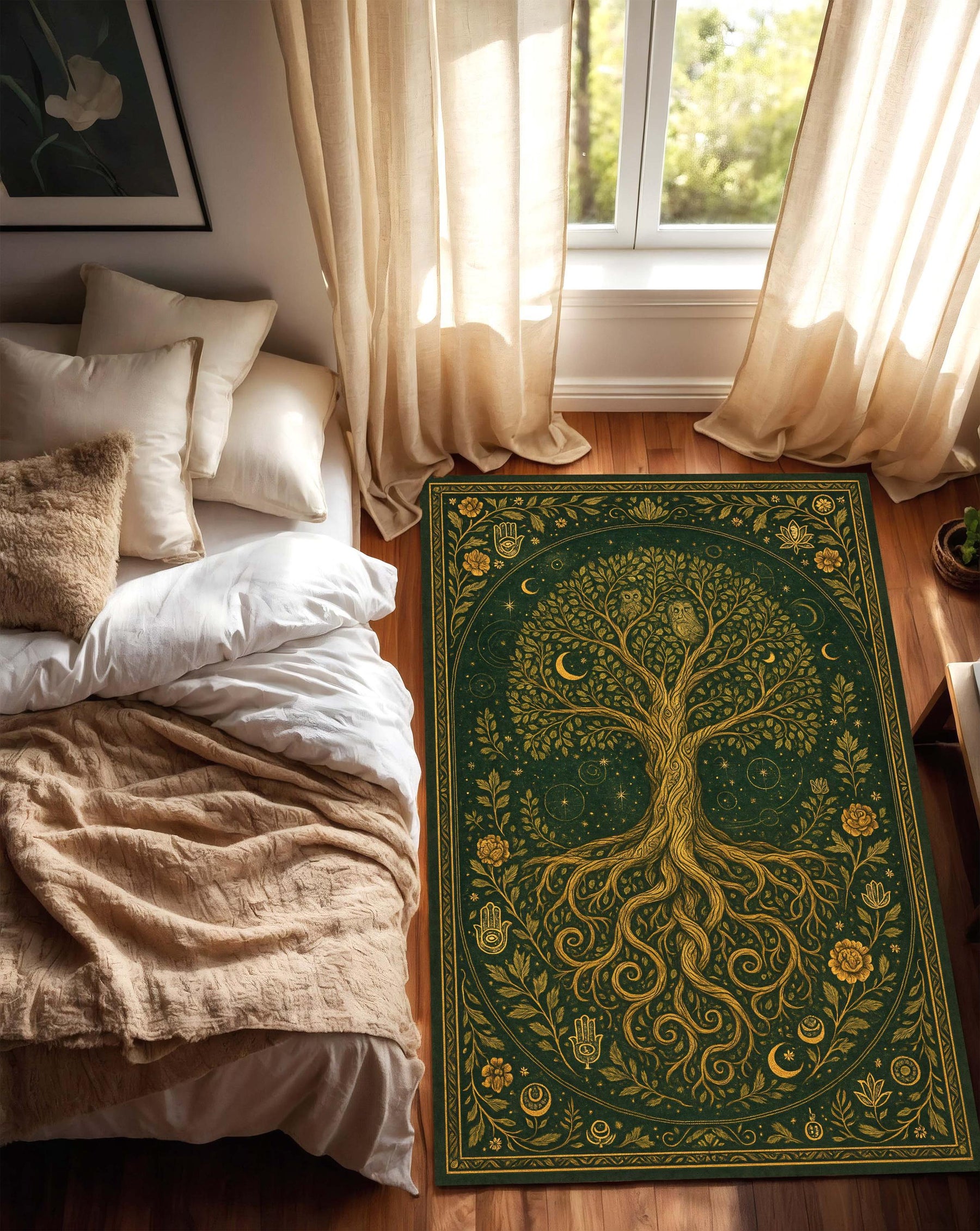 Tree of Life Rug, Olive Green and Gold Spiritual Carpet, Mystical Boho Botanical Area Rug for Meditation Room or Living Room Decor