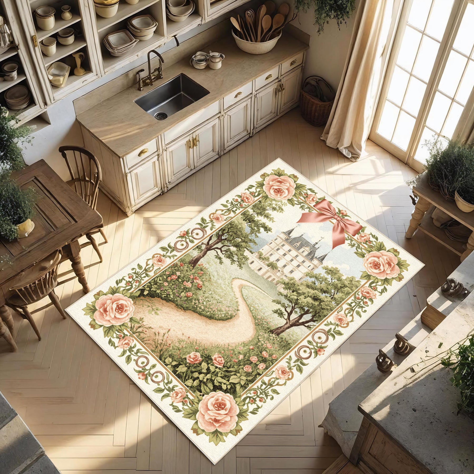 Fairytale Chateau Rug, Romantic Pathway Castle Carpet, Pink Floral Tapestry Rug, Vintage French Princess Decor, Storybook Garden Rug