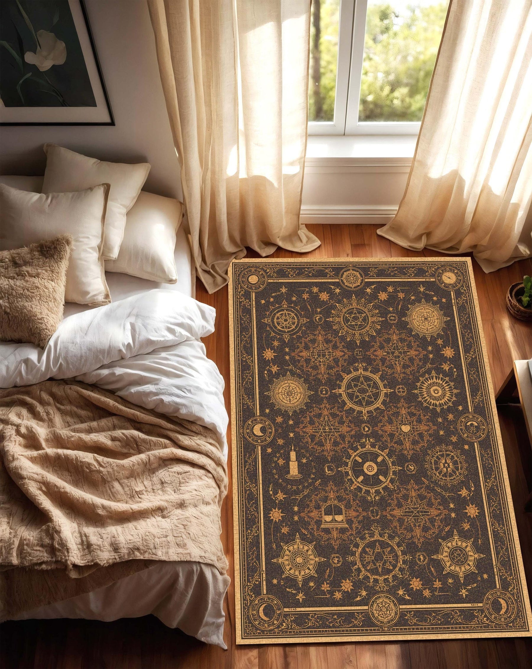Sacred Geometry Rug, Cosmic Symbol Astrology Carpet, Dark Boho Star Map Floor Mat, Esoteric Mystical Decor for Witchy Spiritual Interiors