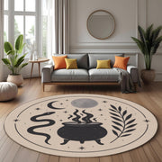Witch Cauldron Round Rug: Mystic Snake And Moon Design Carpet For Occult, Boho Or Witchy Room Decor