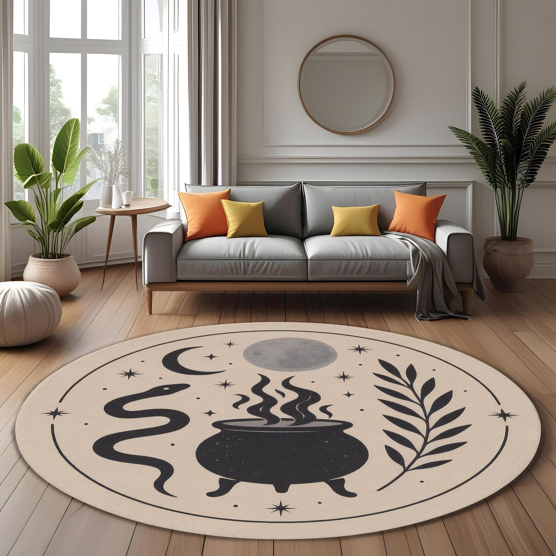 Witch Cauldron Round Rug: Mystic Snake And Moon Design Carpet For Occult, Boho Or Witchy Room Decor