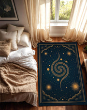 Celestial Galaxy Area Rug, Dark Blue Spiral Star Carpet, Mystical Cosmic Moon and Sun Rug for Living Room, Astral Universe Inspired Mat