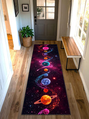 Colorful Galaxy Runner Rug, Neon Planet Hallway Carpet with Cosmic Space Design
