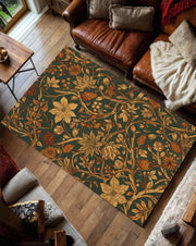 Vintage Botanical Floral Rug for Living Room, Dark Green and Gold Leaf Carpet, Elegant Nature Inspired Area Rug, Arts and Crafts Style Decor