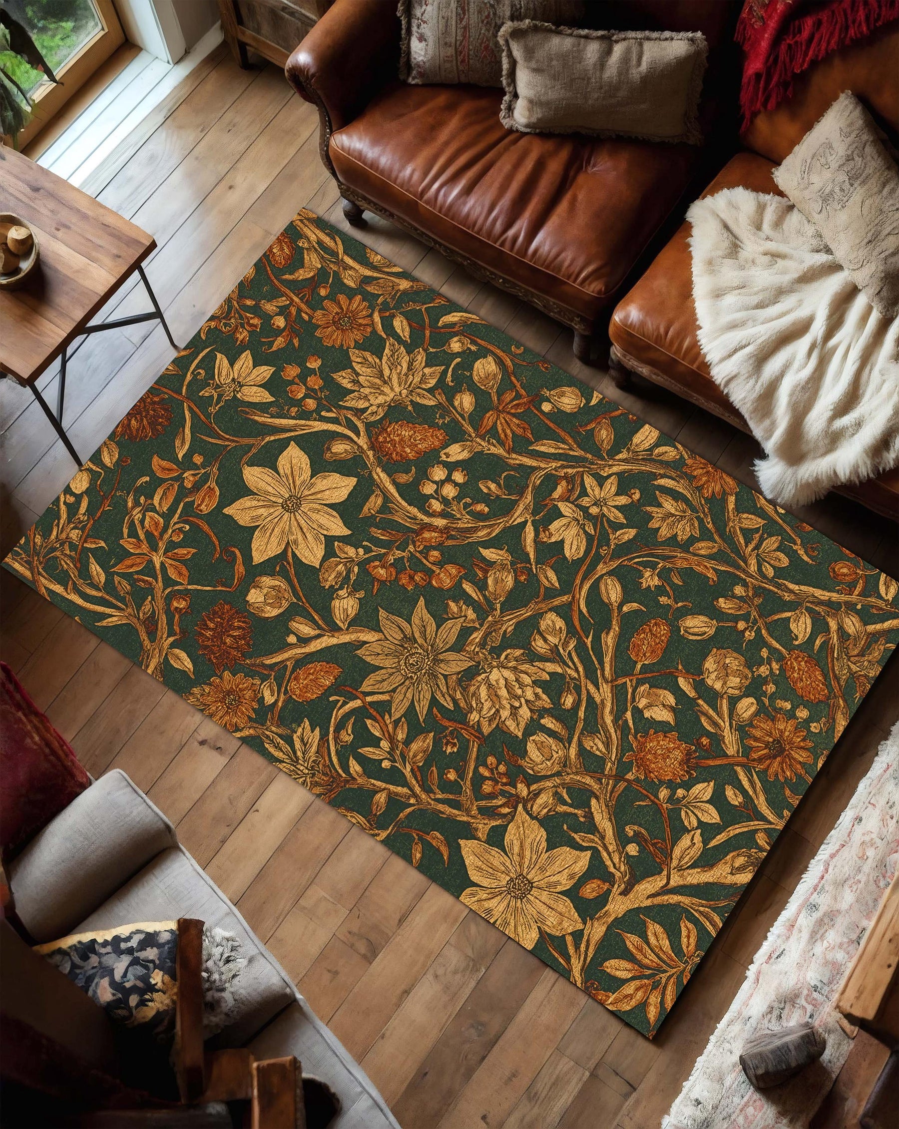 Vintage Botanical Floral Rug for Living Room, Dark Green and Gold Leaf Carpet, Elegant Nature Inspired Area Rug, Arts and Crafts Style Decor