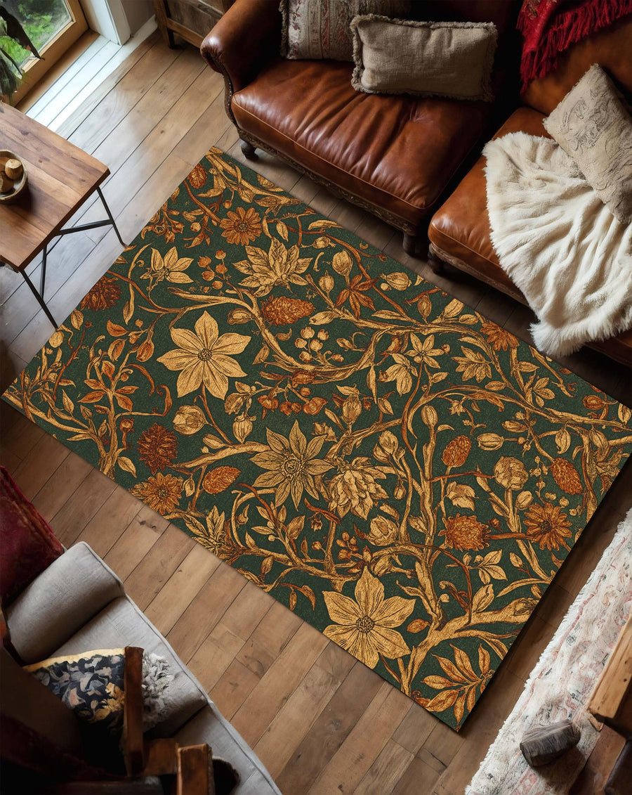 Vintage Botanical Floral Rug for Living Room, Dark Green and Gold Leaf Carpet, Elegant Nature Inspired Area Rug, Arts and Crafts Style Decor