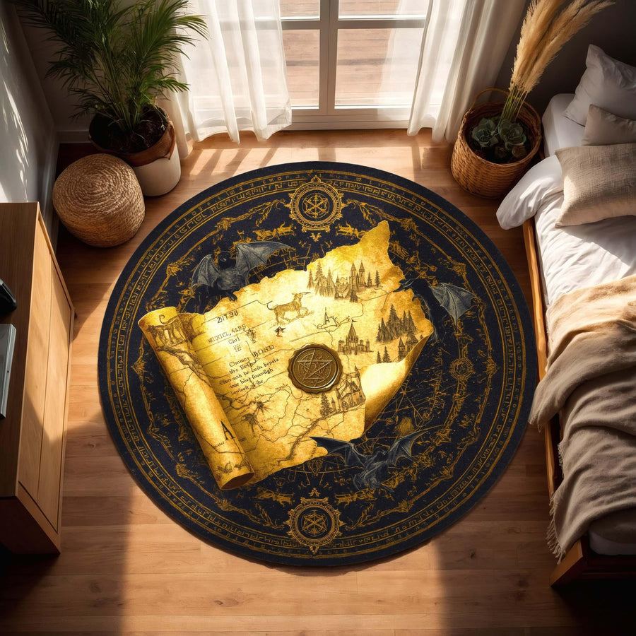 Fantasy RPG World Map Rug, Golden Scroll Round Carpet with Dragons, Castles and Magic Seal, Epic Gamer Decor for DnD Fantasy Lovers