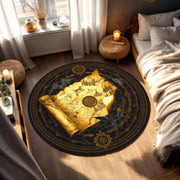 Fantasy RPG World Map Rug, Golden Scroll Round Carpet with Dragons, Castles and Magic Seal, Epic Gamer Decor for DnD Fantasy Lovers