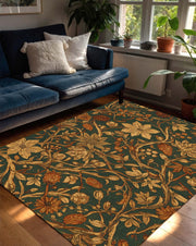 Vintage Botanical Floral Rug for Living Room, Dark Green and Gold Leaf Carpet, Elegant Nature Inspired Area Rug, Arts and Crafts Style Decor