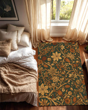 Vintage Botanical Floral Rug for Living Room, Dark Green and Gold Leaf Carpet, Elegant Nature Inspired Area Rug, Arts and Crafts Style Decor