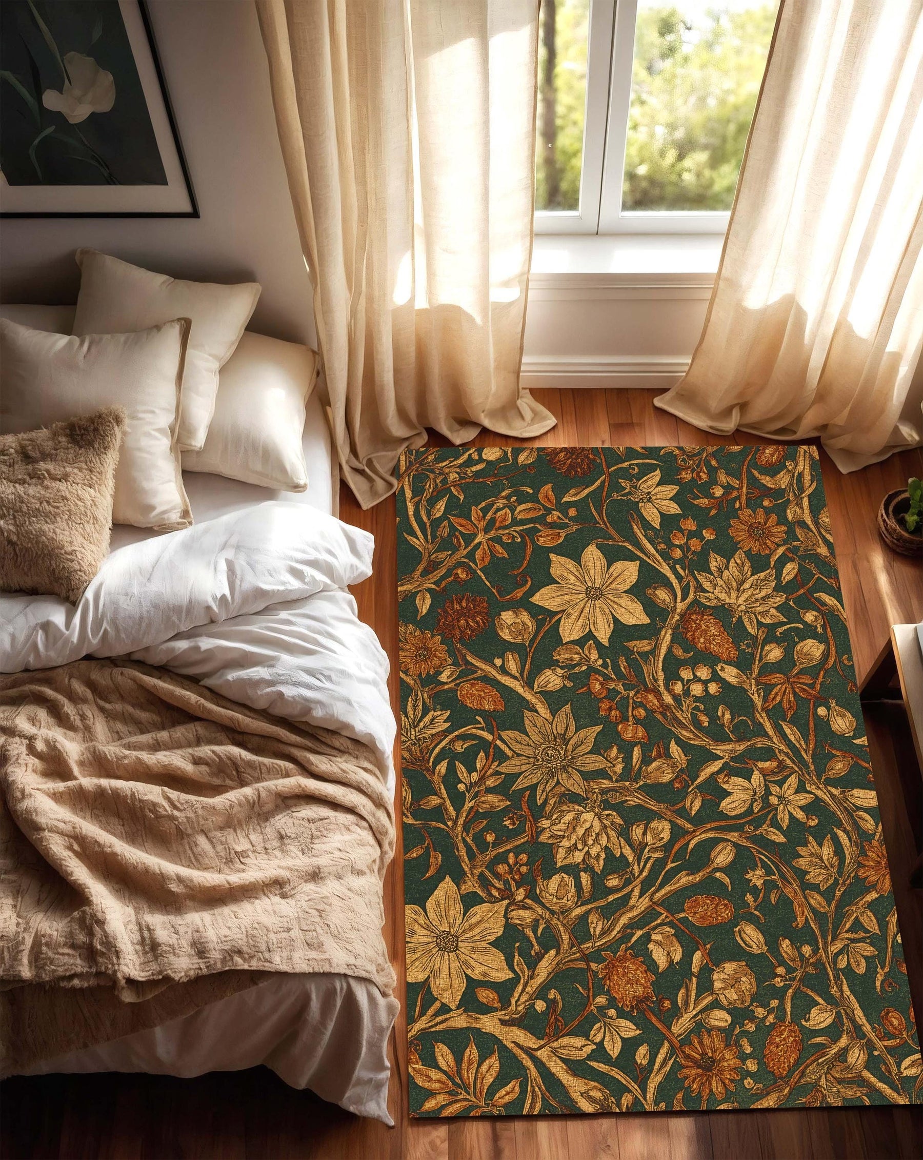 Vintage Botanical Floral Rug for Living Room, Dark Green and Gold Leaf Carpet, Elegant Nature Inspired Area Rug, Arts and Crafts Style Decor