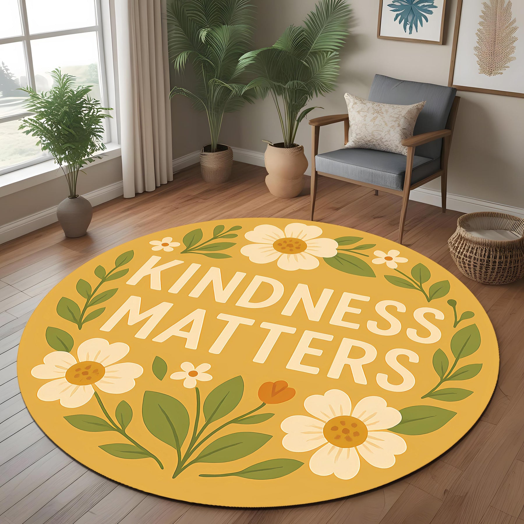 Kindness Matters Round Rug: Positive Quote Rug with Floral Design for Gift, Cozy Spaces or Mental Health Support Decor