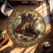 The Resting Bear Round Rug | Fairytale Woodland Tapestry Style Carpet | Medieval Forest Animal Decor with Ornate Border