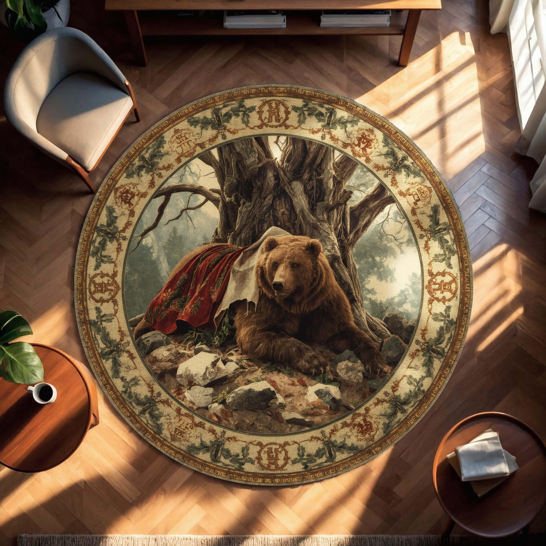 The Resting Bear Round Rug | Fairytale Woodland Tapestry Style Carpet | Medieval Forest Animal Decor with Ornate Border