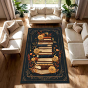 Book Lover Area Rug, Vintage Books Floral Carpet, Dark Botanical Library Rug for Reading Nook, Boho Cottagecore Living Room Decor Gift