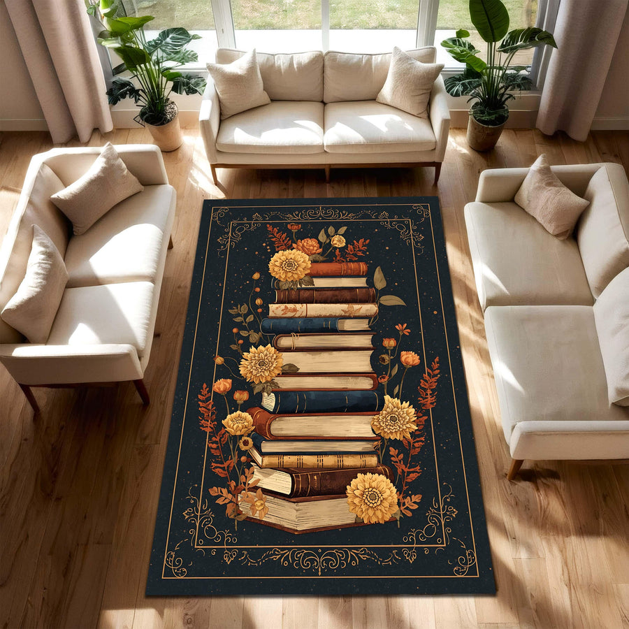 Book Lover Area Rug, Vintage Books Floral Carpet, Dark Botanical Library Rug for Reading Nook, Boho Cottagecore Living Room Decor Gift