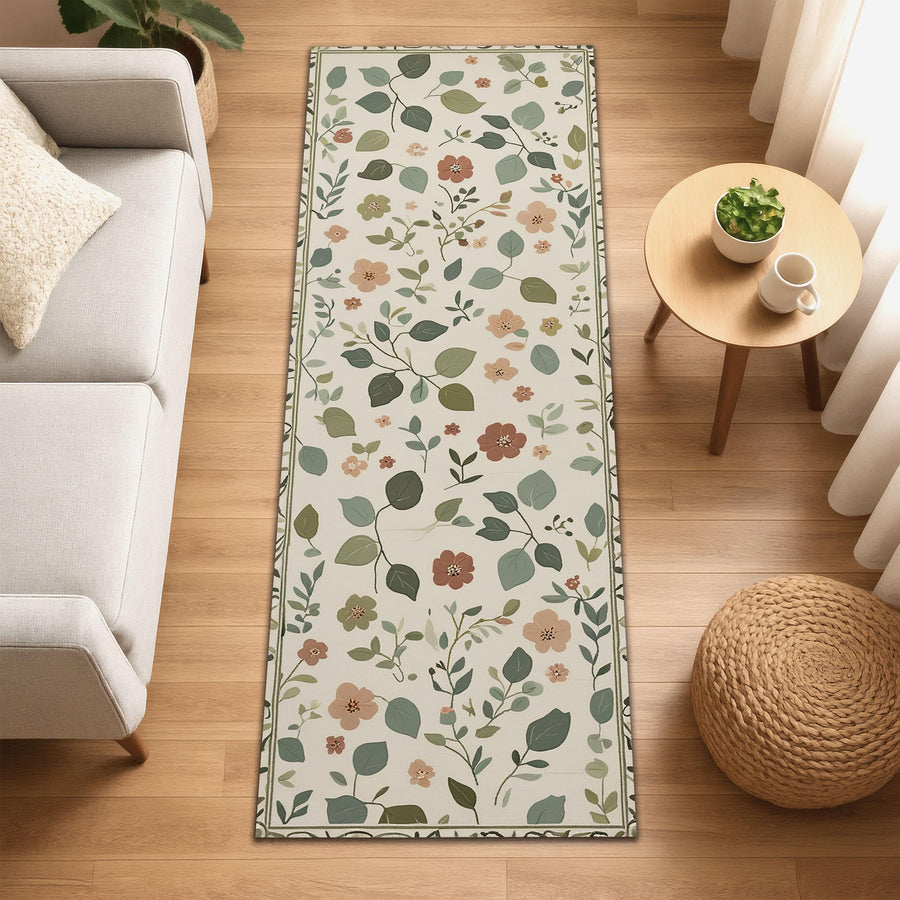 Botanical Floral Runner Rug, Cottagecore Leaf Hallway Carpet, Minimalist Nature Inspired Rug, Boho Botanical Decor, Soft Vintage Flower Rug