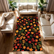 Autumn Leaves Area Rug with Black Background, Fall Foliage Carpet for Living Room, Modern Seasonal Floral Pattern, Dark Botanical Carpet