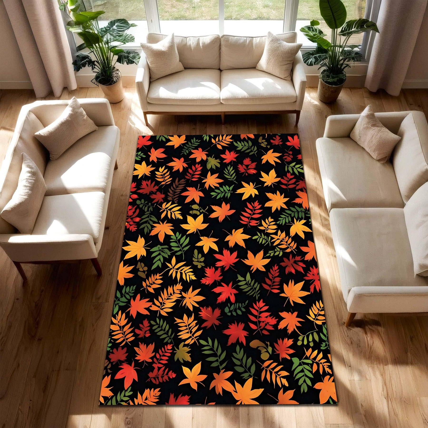 Autumn Leaves Area Rug with Black Background, Fall Foliage Carpet for Living Room, Modern Seasonal Floral Pattern, Dark Botanical Carpet