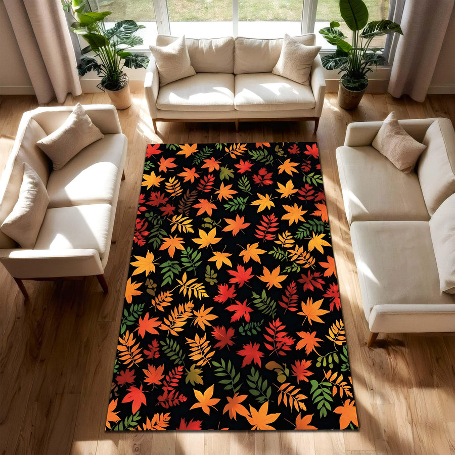 Autumn Leaves Area Rug with Black Background, Fall Foliage Carpet for Living Room, Modern Seasonal Floral Pattern, Dark Botanical Carpet