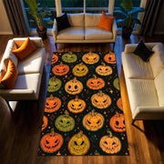 Halloween Pumpkin Area Rug with Jack O' Lantern Faces, Spooky Black Orange Green Pattern Carpet, Fall Living Room Bedroom Decor Home Accent