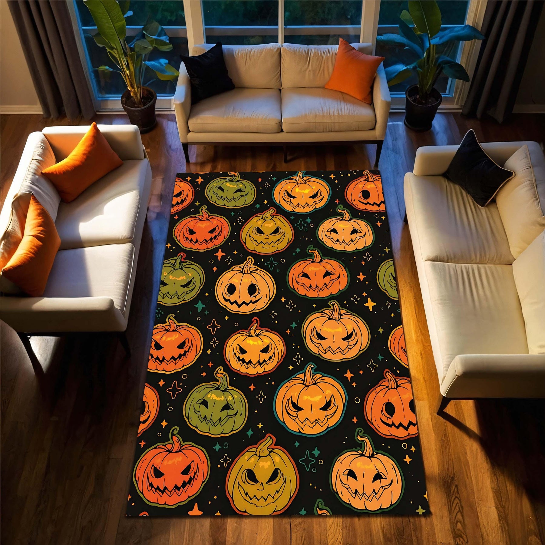 Halloween Pumpkin Area Rug with Jack O' Lantern Faces, Spooky Black Orange Green Pattern Carpet, Fall Living Room Bedroom Decor Home Accent