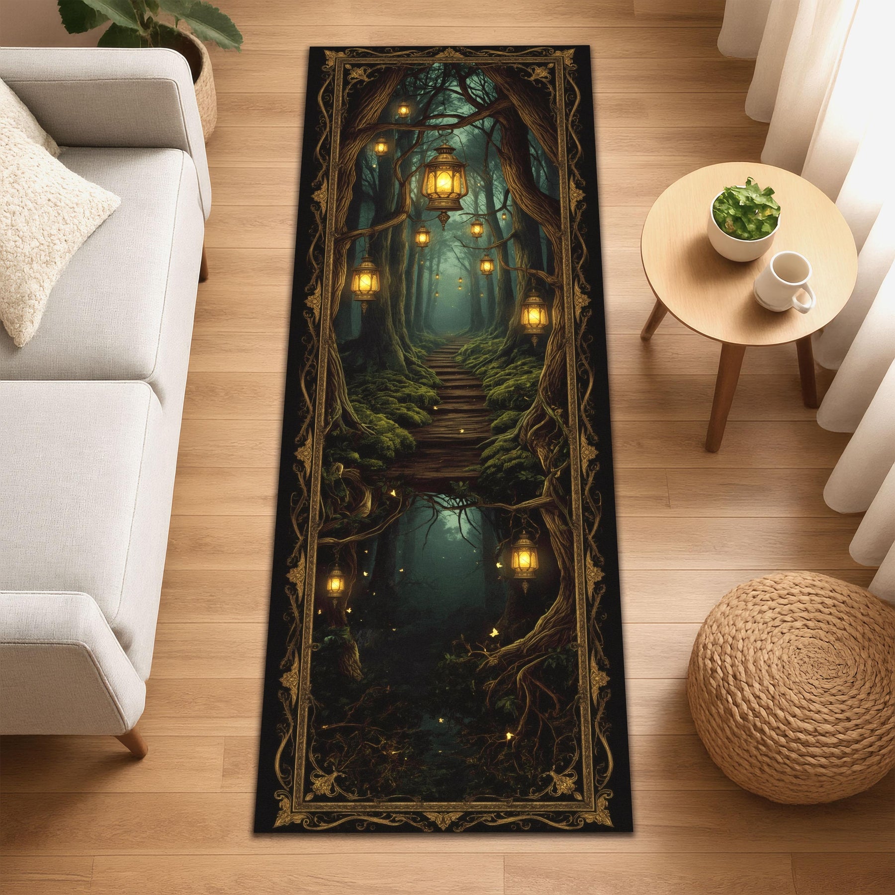 Lantern Forest Runner Rug, Enchanted Path Tapestry Rug, Mystical Woodland Hallway Rug, Fantasy Light Decor, Witchcore Washable Rug