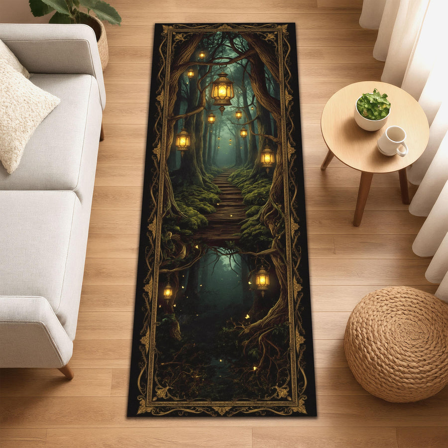 Lantern Forest Runner Rug, Enchanted Path Tapestry Rug, Mystical Woodland Hallway Rug, Fantasy Light Decor, Witchcore Washable Rug