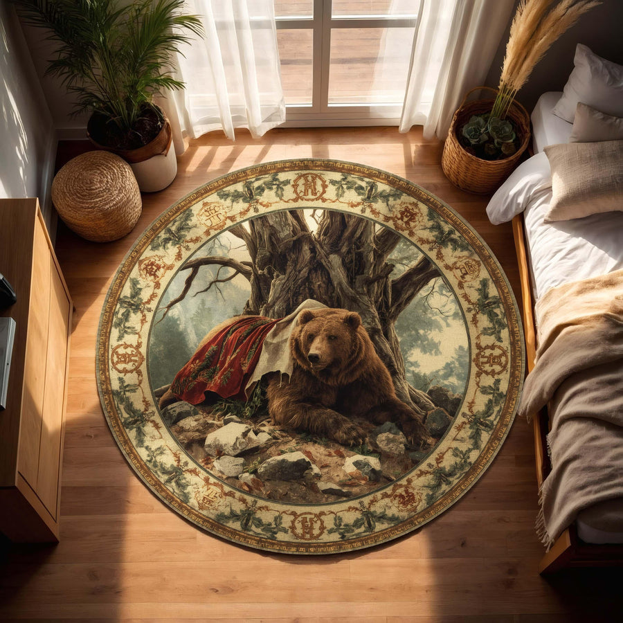 The Resting Bear Round Rug | Fairytale Woodland Tapestry Style Carpet | Medieval Forest Animal Decor with Ornate Border