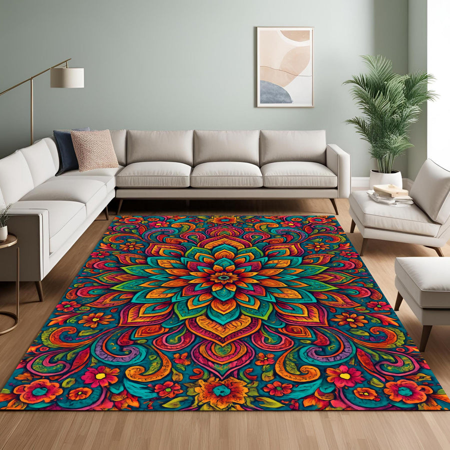 Colorful Mandala Rug: Vibrant Boho Floral Carpet for Living Room, Meditation Space, Artistic Home, Yoga or Zen Decor