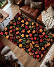 Autumn Leaves Area Rug with Black Background, Fall Foliage Carpet for Living Room, Modern Seasonal Floral Pattern, Dark Botanical Carpet