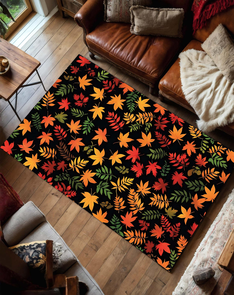 Autumn Leaves Area Rug with Black Background, Fall Foliage Carpet for Living Room, Modern Seasonal Floral Pattern, Dark Botanical Carpet