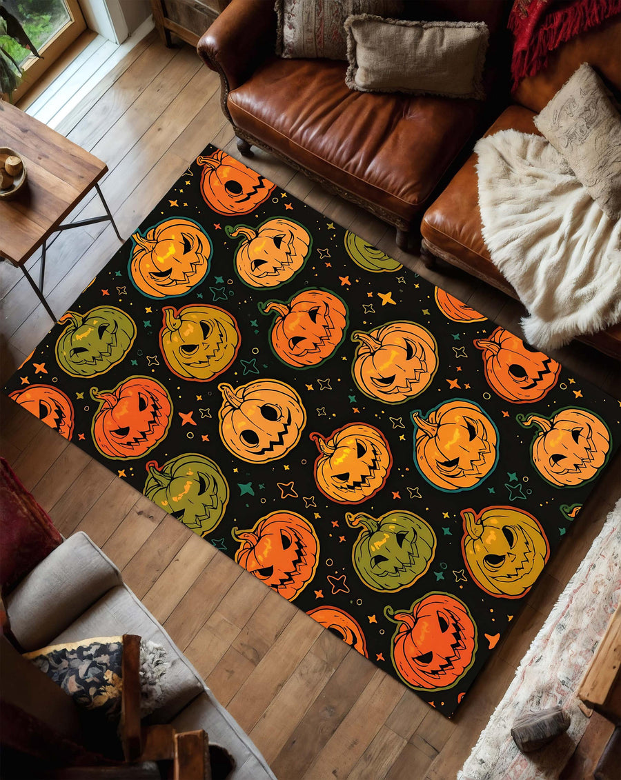 Halloween Pumpkin Area Rug with Jack O' Lantern Faces, Spooky Black Orange Green Pattern Carpet, Fall Living Room Bedroom Decor Home Accent
