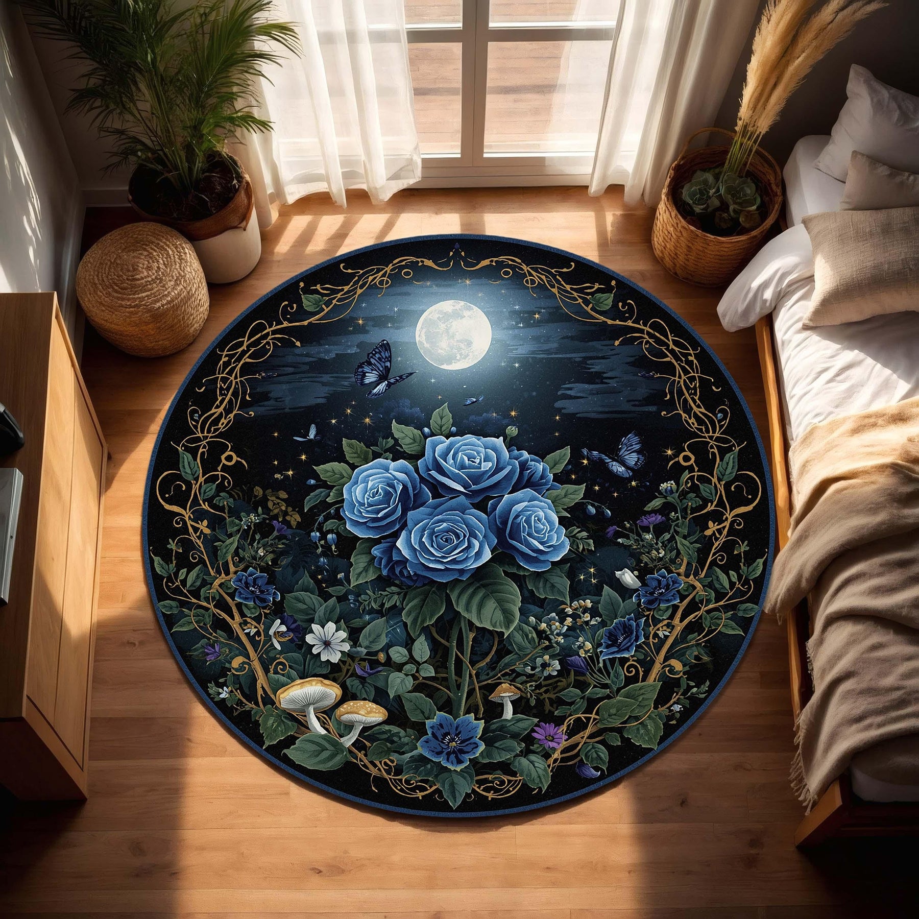 Round Dark Floral Rug With Blue Roses Moon And Butterflies, Mystical Garden Carpet For Boho Bedroom Decor, Dark Botanical Cottagecore Decor
