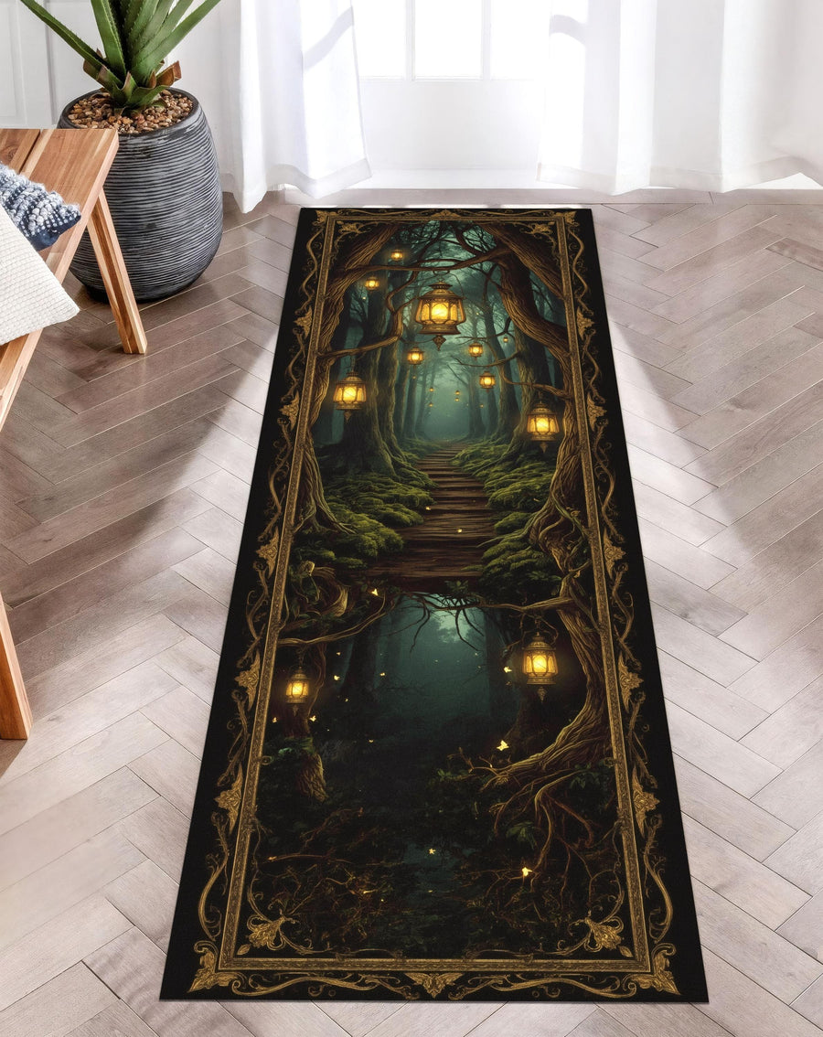 Lantern Forest Runner Rug, Enchanted Path Tapestry Rug, Mystical Woodland Hallway Rug, Fantasy Light Decor, Witchcore Washable Rug