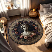 Gothic Statue Round Rug | Antique Bust with Dried Roses & Ornate Golden Border | Romantic Dark Academia Style Carpet