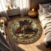 The Resting Bear Round Rug | Fairytale Woodland Tapestry Style Carpet | Medieval Forest Animal Decor with Ornate Border