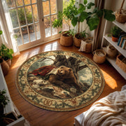 The Resting Bear Round Rug | Fairytale Woodland Tapestry Style Carpet | Medieval Forest Animal Decor with Ornate Border