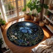 Round Dark Floral Rug With Blue Roses Moon And Butterflies, Mystical Garden Carpet For Boho Bedroom Decor, Dark Botanical Cottagecore Decor