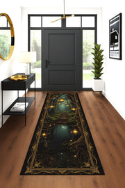 Lantern Forest Runner Rug, Enchanted Path Tapestry Rug, Mystical Woodland Hallway Rug, Fantasy Light Decor, Witchcore Washable Rug