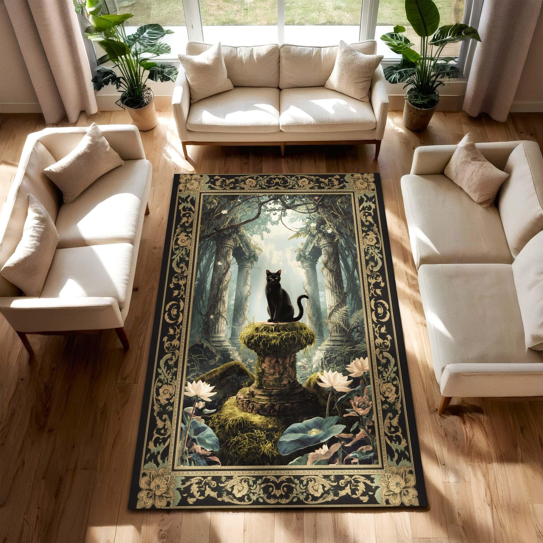 Gothic Witchy Rug with Black Cat & Ancient Ruins Enchanted Tapestry for Dark Academia or Fantasy Decor, The Cat of the Forgotten Temple