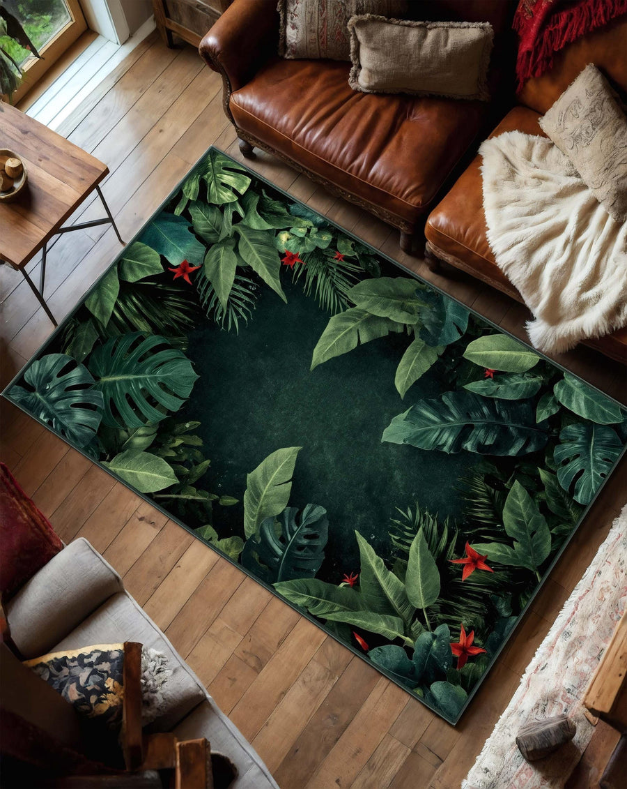 Dark Jungle Botanical Rug | Tropical Leaf Carpet with Red Flowers | Exotic Deep Green Area Rug for Modern Living Room or Bedroom