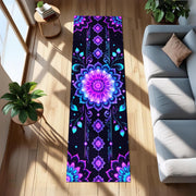 Psychedelic Mandala Runner Rug, Purple Blue Floral Glow Hallway Rug, Trippy Meditation Carpet, Neon Boho Floor Art, Psychedelic Entryway Rug