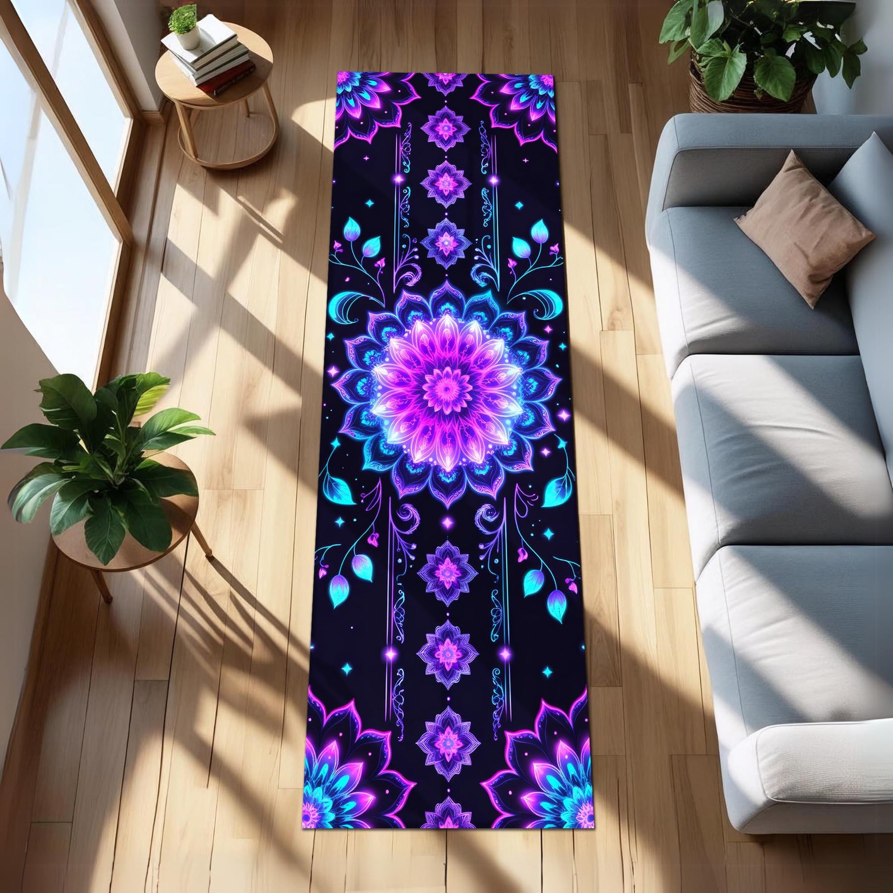 Psychedelic Mandala Runner Rug, Purple Blue Floral Glow Hallway Rug, Trippy Meditation Carpet, Neon Boho Floor Art, Psychedelic Entryway Rug
