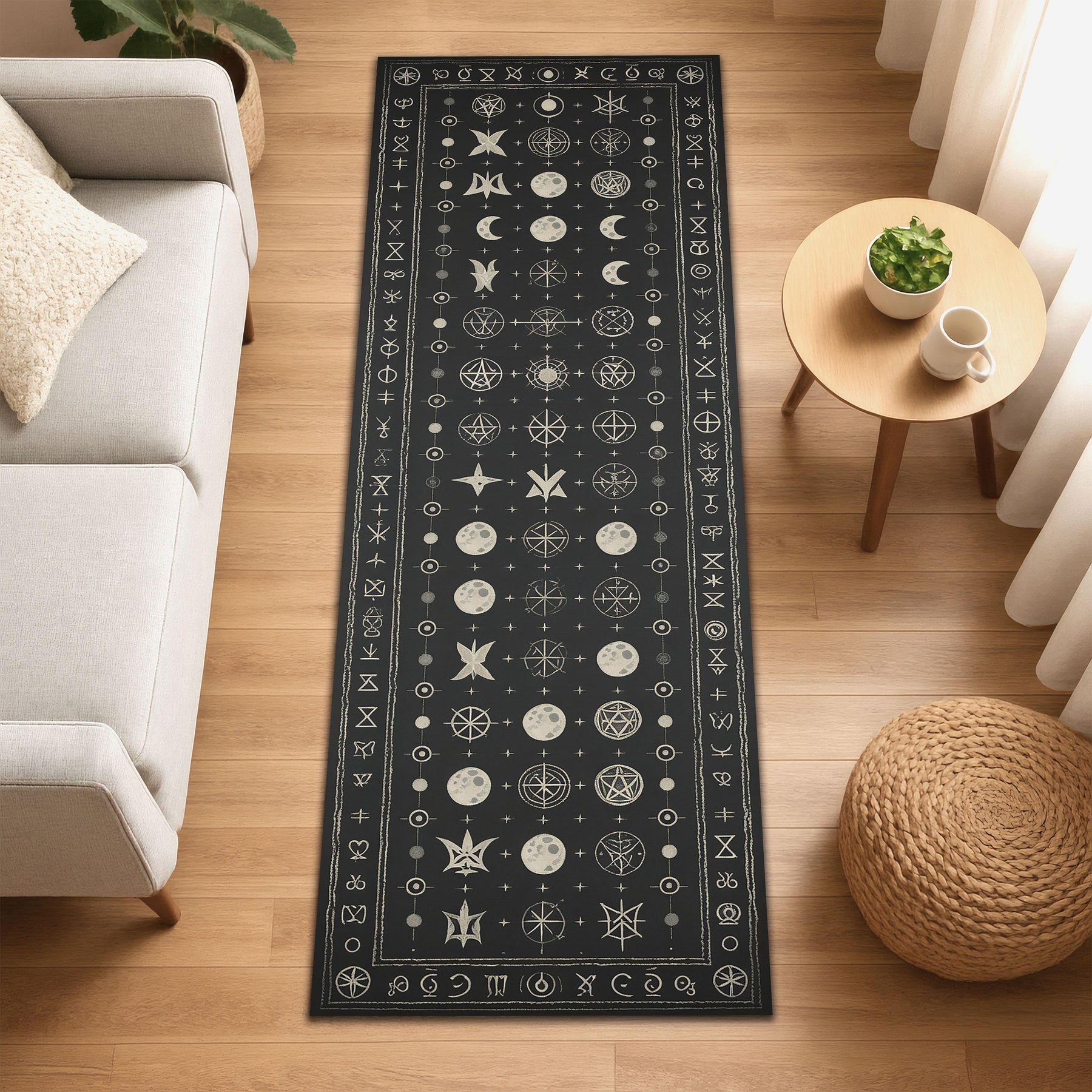 Celestial Witchy Runner Rug, Moon Phase Alchemy Rug, Gothic Zodiac Hallway Carpet, Astrological Magic Decor, Dark Mystical Spell Rug