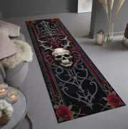 Gothic Skull Runner Rug, Baroque Ironwork and Red Roses Decor, Dark Academia Hallway Carpet
